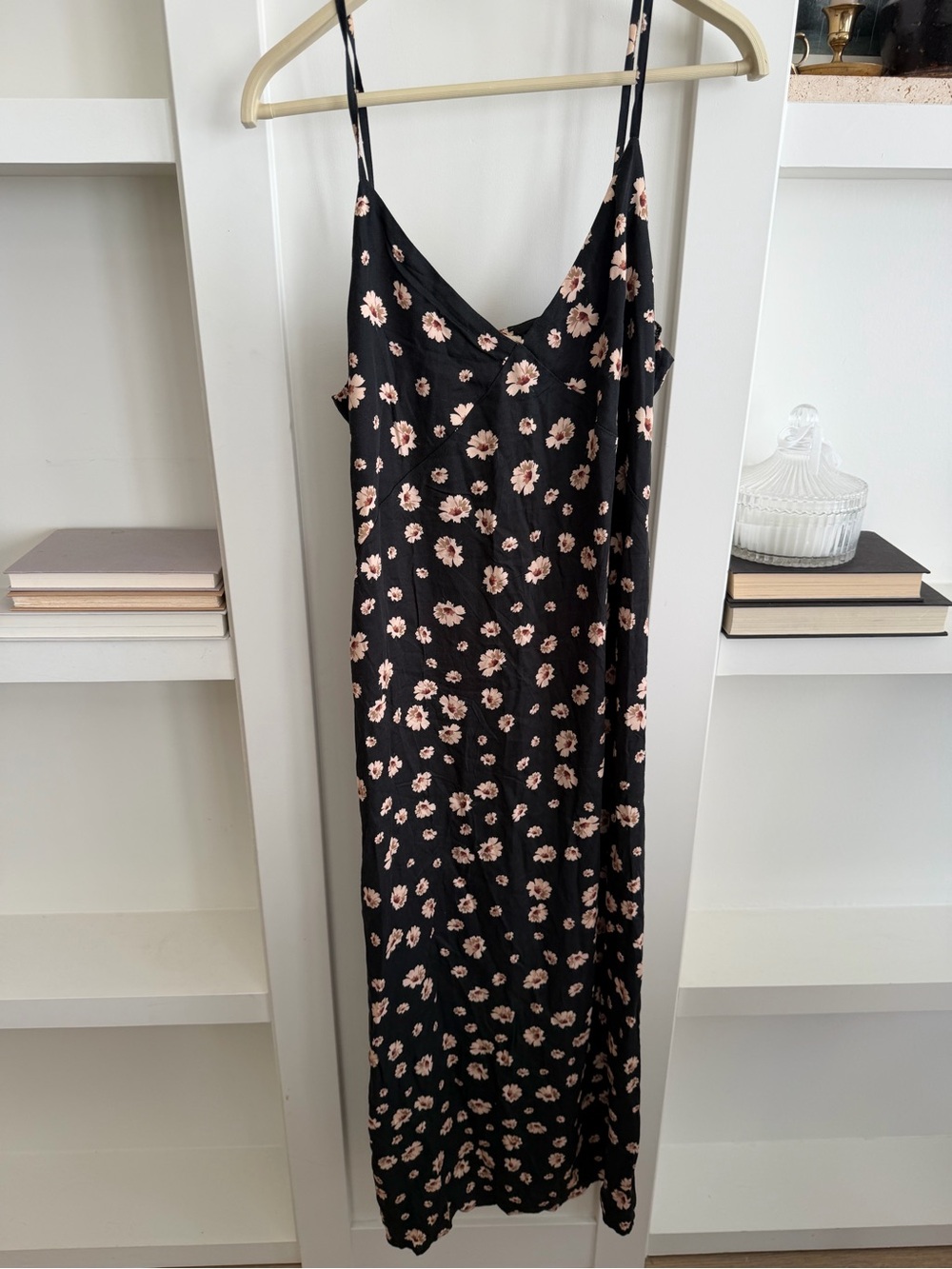 Black Floral Slip Maxi Dress with Pink Daisy Motif